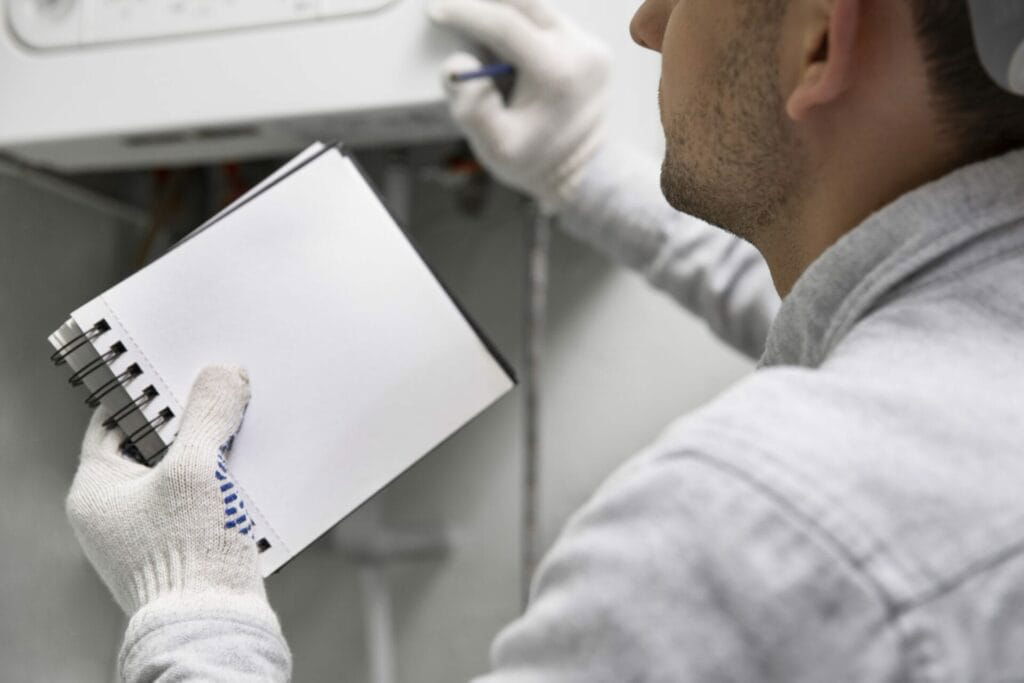 A person wearing gloves holds a spiral notebook and pen while inspecting or working on a piece of air conditioning equipment.