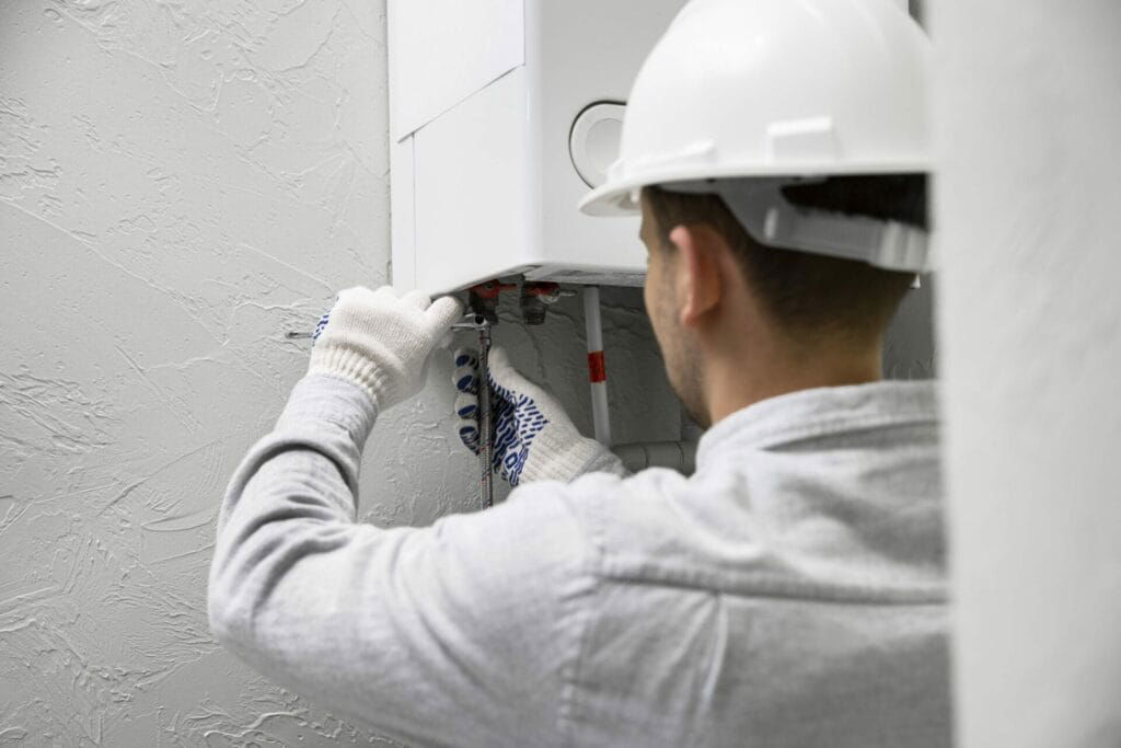 A worker wearing a white hard hat and gloves is adjusting or repairing a white wall-mounted unit, possibly a boiler, in a room with textured gray walls. This scene illustrates the meticulous attention to detail that Texas repair services offer, which often include HVAC.