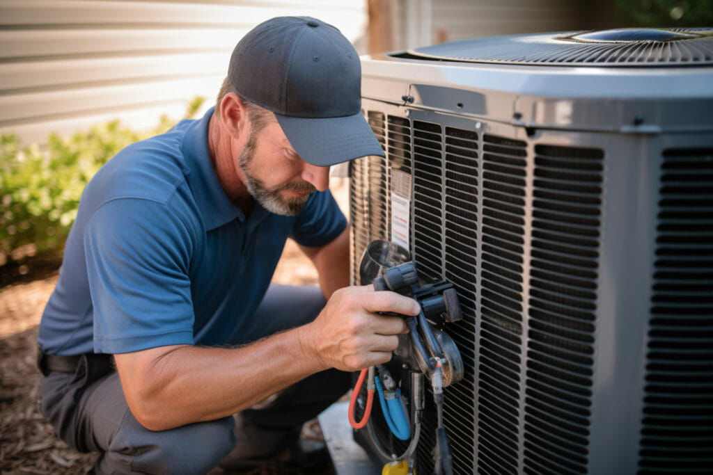 A technician from Patriot Appliance Repair & HVAC in Austin, wearing a blue shirt and cap, is inspecting and adjusting an outdoor air conditioning unit with tools in hand.