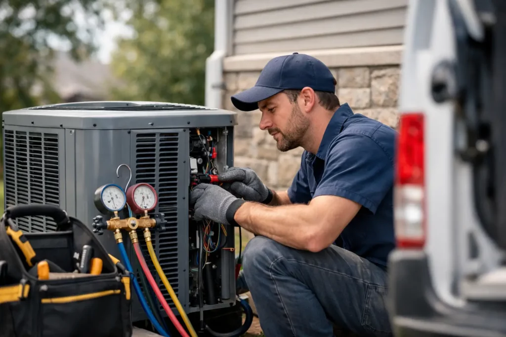 Professional HVAC technician performing emergency AC repair Austin homeowners rely on during summer heat